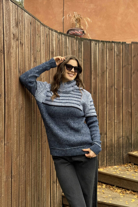 KNITTED HIGH NECK LACING WOMEN SWEATER LIGHTBLUE/BZ - 5