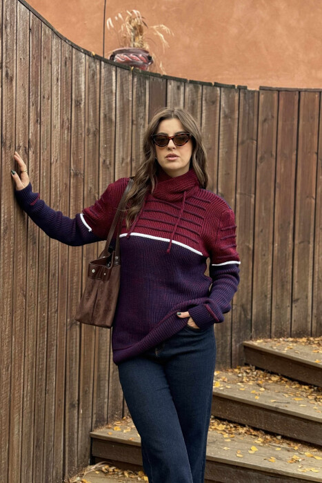 KNITTED HIGH NECK LACING WOMEN SWEATER PURPLE/LEJLA 