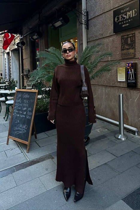 KNITTED HIGH NECK SWEATER+SKIRT WOMEN SET BROWN/KAFE - 1