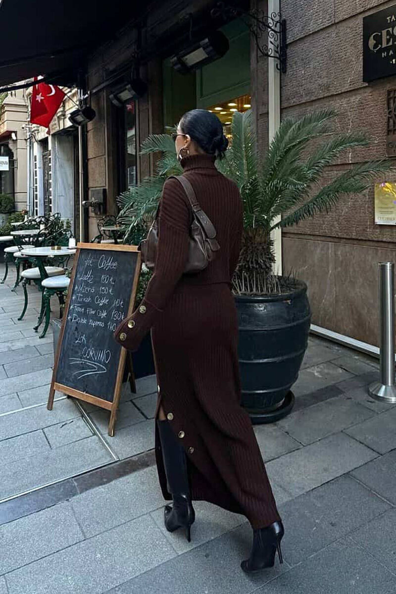 KNITTED HIGH NECK SWEATER+SKIRT WOMEN SET BROWN/KAFE - 2