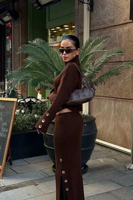 KNITTED HIGH NECK SWEATER+SKIRT WOMEN SET BROWN/KAFE - 4