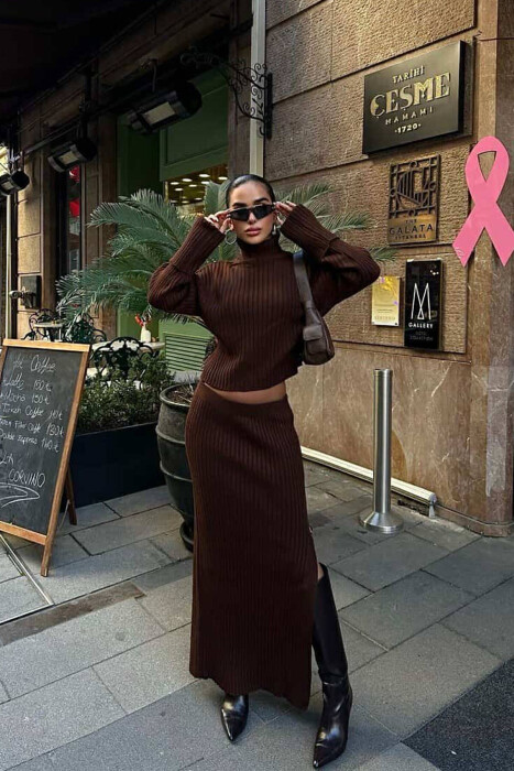 KNITTED HIGH NECK SWEATER+SKIRT WOMEN SET BROWN/KAFE - 5