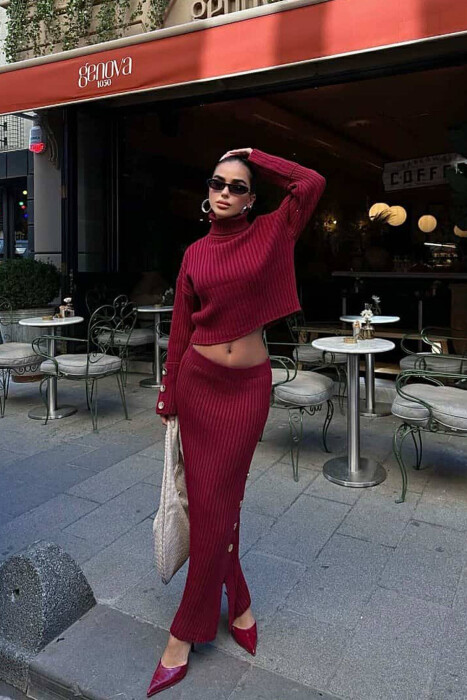 KNITTED HIGH NECK SWEATER+SKIRT WOMEN SET BURGUNDY/VISHNJE 
