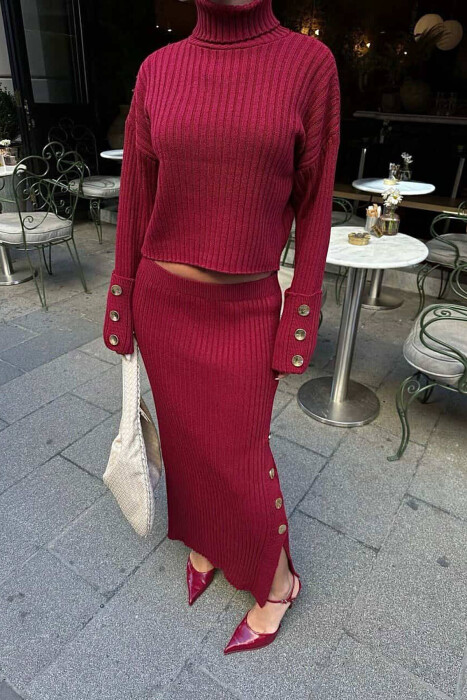 KNITTED HIGH NECK SWEATER+SKIRT WOMEN SET BURGUNDY/VISHNJE - 2