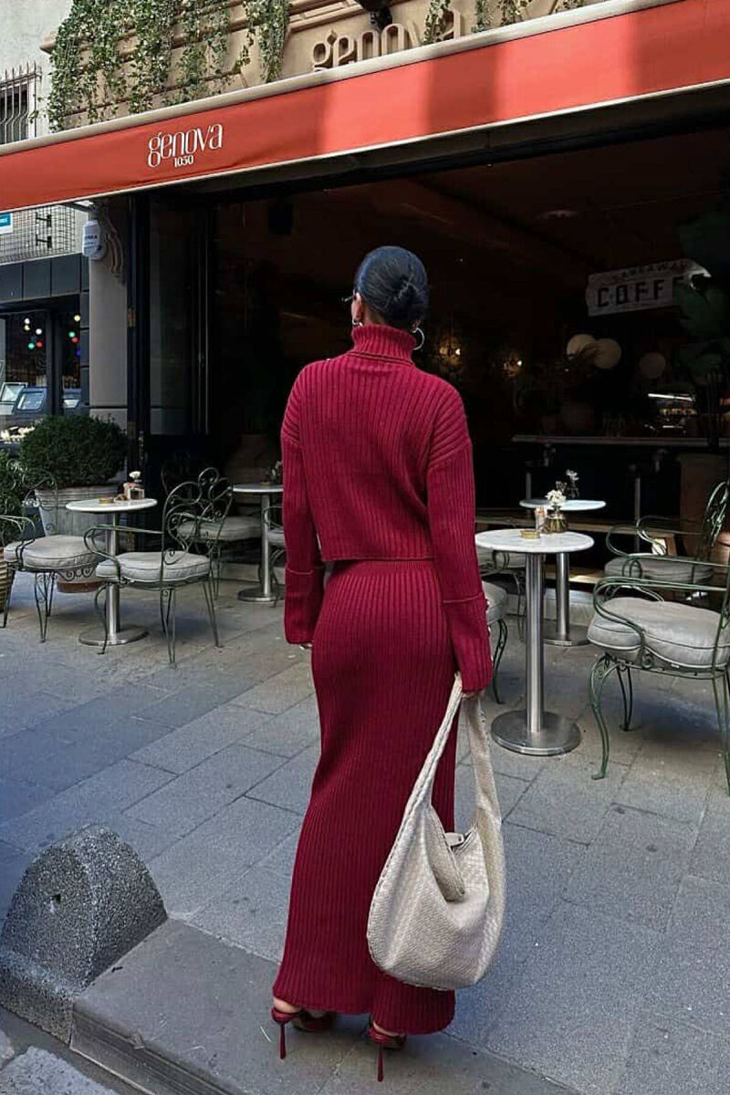 KNITTED HIGH NECK SWEATER+SKIRT WOMEN SET BURGUNDY/VISHNJE - 3