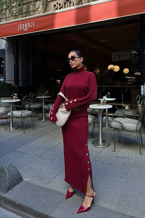KNITTED HIGH NECK SWEATER+SKIRT WOMEN SET BURGUNDY/VISHNJE - 4