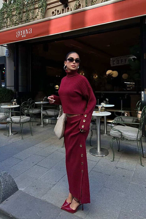 KNITTED HIGH NECK SWEATER+SKIRT WOMEN SET BURGUNDY/VISHNJE - 5