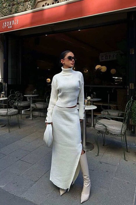 KNITTED HIGH NECK SWEATER+SKIRT WOMEN SET CREAM/KREM 
