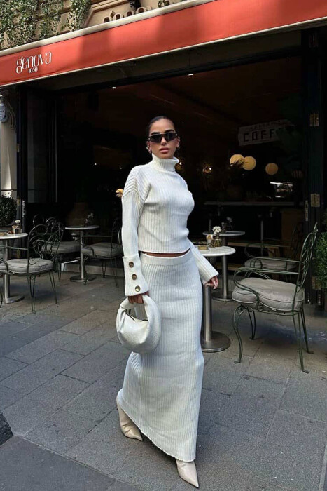 KNITTED HIGH NECK SWEATER+SKIRT WOMEN SET CREAM/KREM - 2