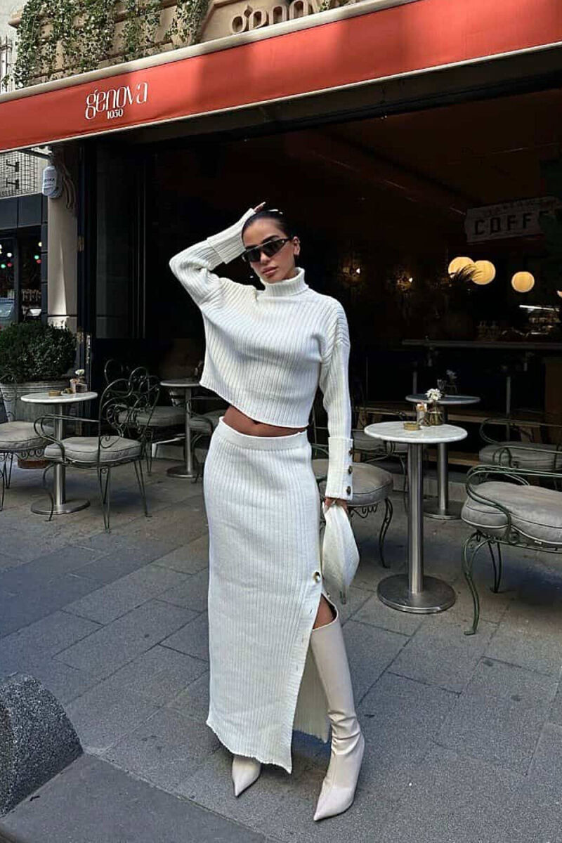 KNITTED HIGH NECK SWEATER+SKIRT WOMEN SET CREAM/KREM - 3