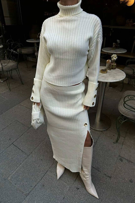 KNITTED HIGH NECK SWEATER+SKIRT WOMEN SET CREAM/KREM - 4
