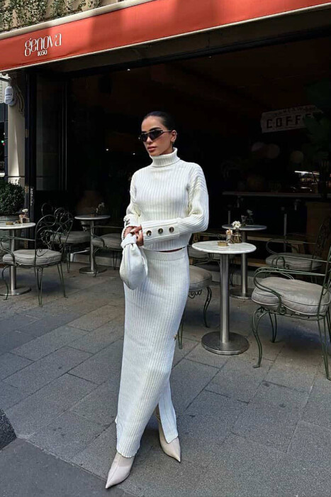 KNITTED HIGH NECK SWEATER+SKIRT WOMEN SET CREAM/KREM - 5