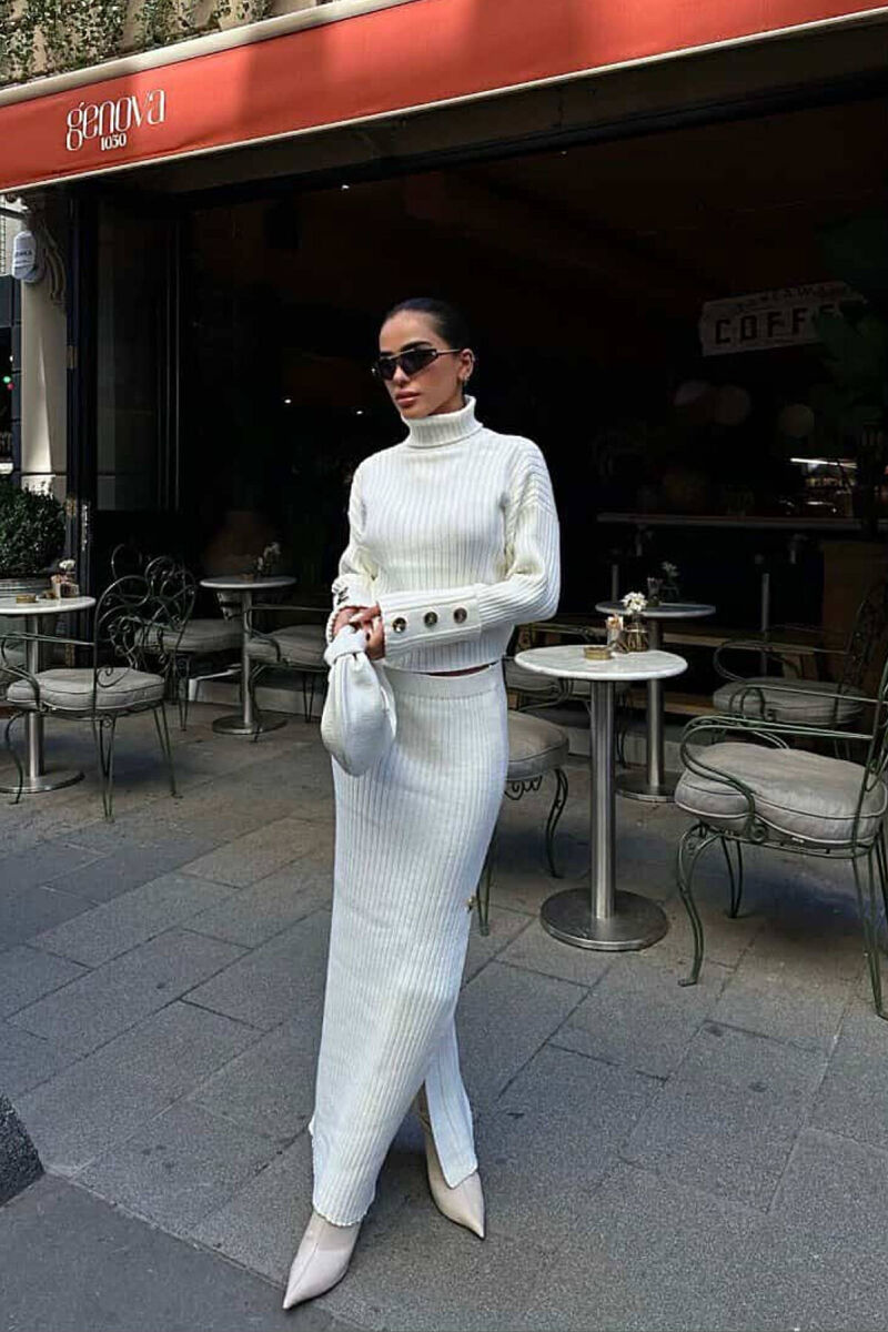 KNITTED HIGH NECK SWEATER+SKIRT WOMEN SET CREAM/KREM - 5