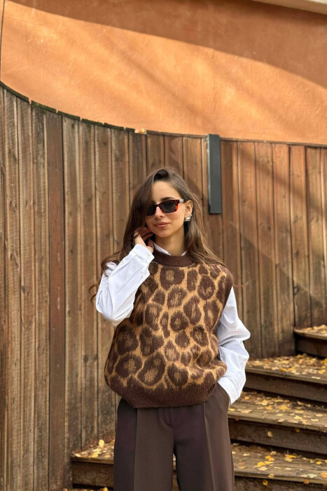 KNITTED LEO PRINT WOMEN VEST BROWN/KAFE - 1