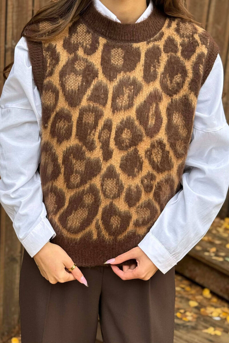 KNITTED LEO PRINT WOMEN VEST BROWN/KAFE - 2