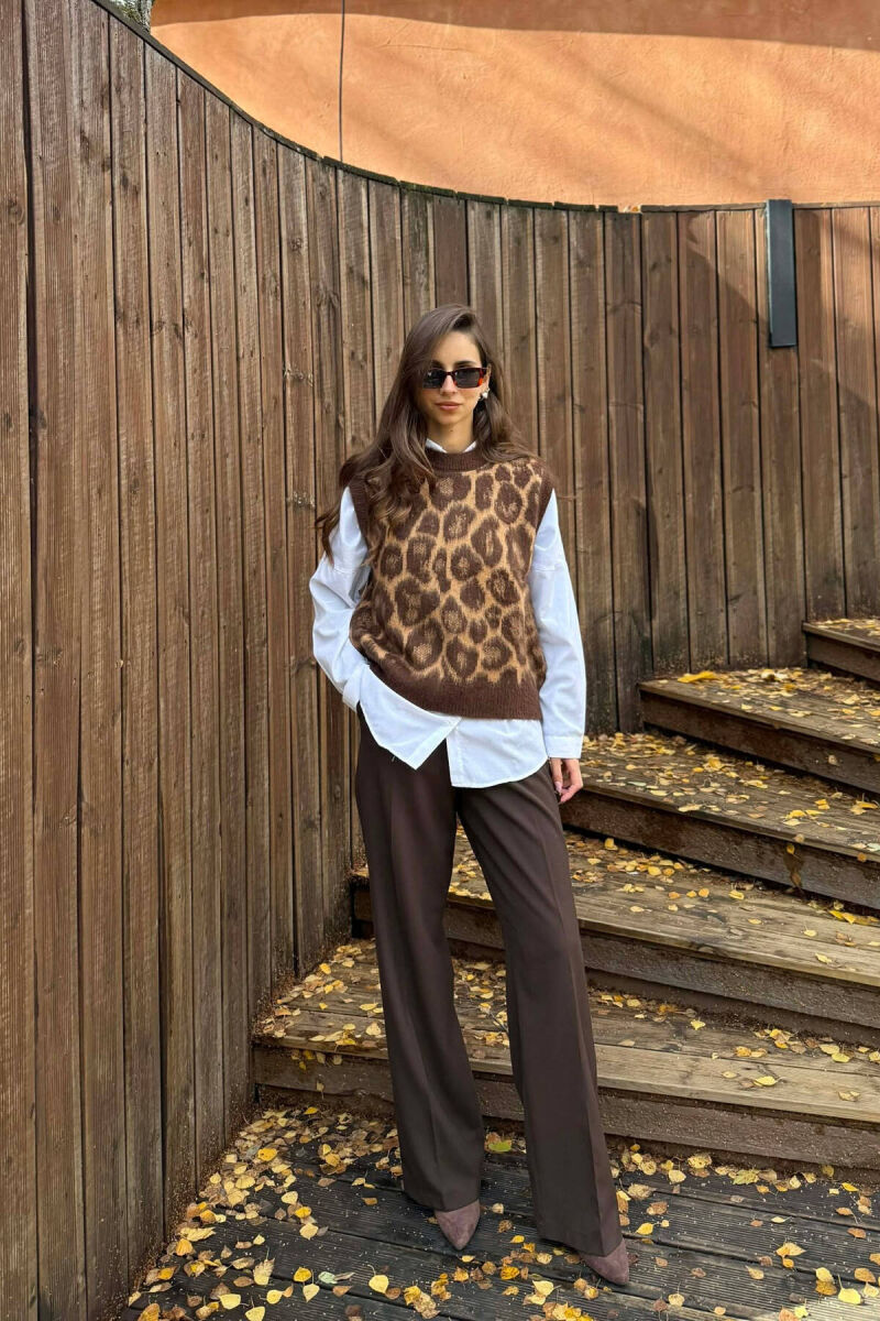 KNITTED LEO PRINT WOMEN VEST BROWN/KAFE - 4