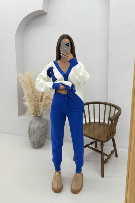LETTER P CARDIGAN+TROUSERS KNIT WOMEN SET WHITE-BLUE/BABL 