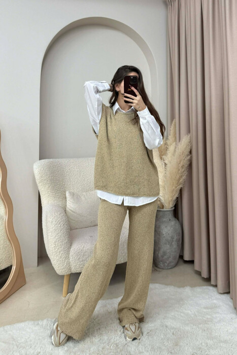 KNITTED ONE COLOR SLEEVELESS SWEATER+TROUSERS WOMEN SET BEIGE/BEZHE - 1