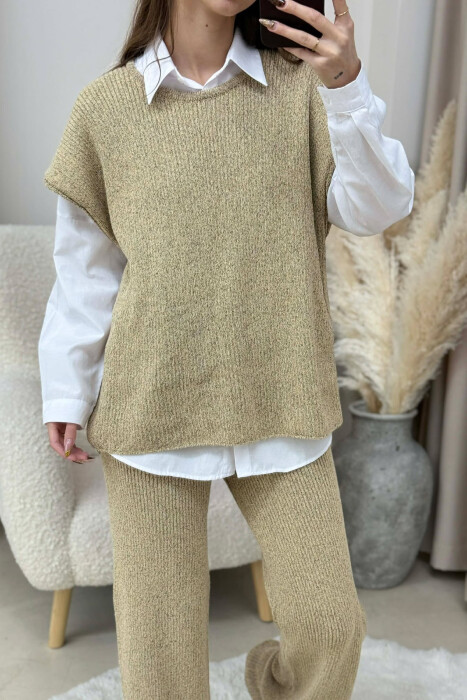 KNITTED ONE COLOR SLEEVELESS SWEATER+TROUSERS WOMEN SET BEIGE/BEZHE - 2