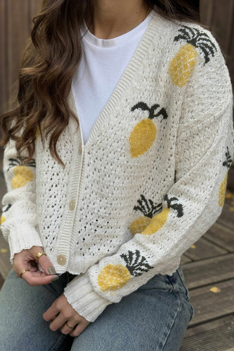 KNITTED PINEAPPLE DESIGN WOMEN CARDIGAN CREAM/KREM - KLAUDIO FASHION