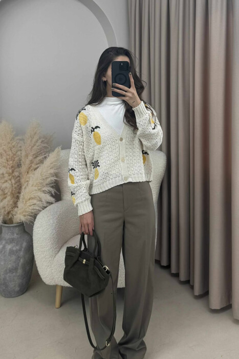 KNITTED PINEAPPLE DESIGN WOMEN CARDIGAN CREAM/KREM - 6
