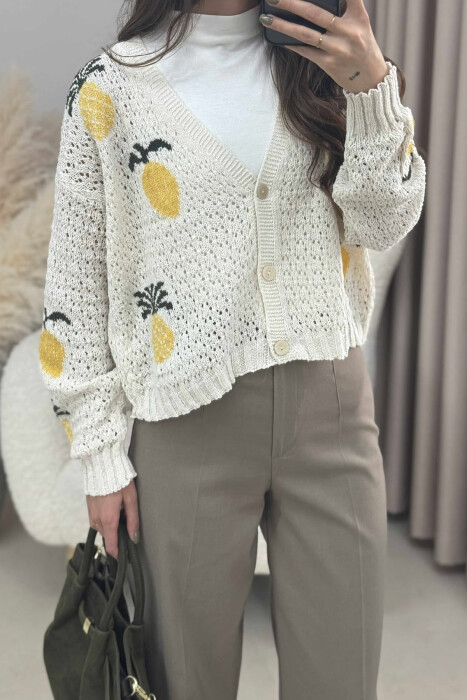 KNITTED PINEAPPLE DESIGN WOMEN CARDIGAN CREAM/KREM - 7
