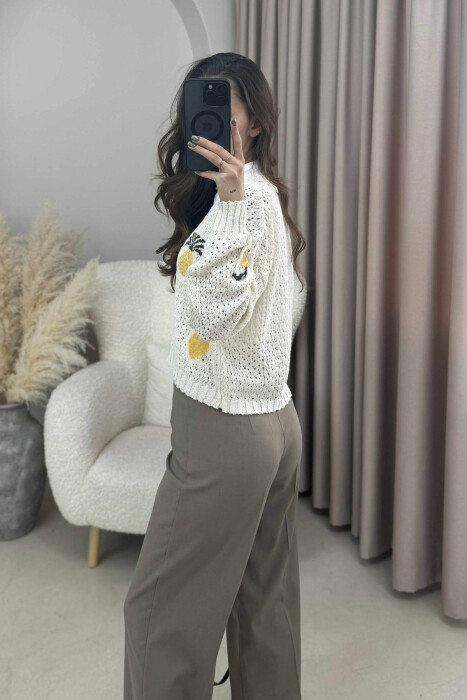 KNITTED PINEAPPLE DESIGN WOMEN CARDIGAN CREAM/KREM - 8