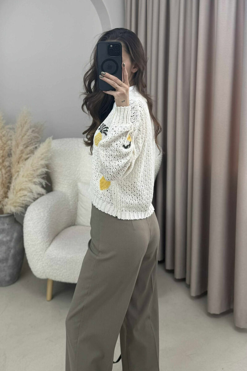 KNITTED PINEAPPLE DESIGN WOMEN CARDIGAN CREAM/KREM - 8