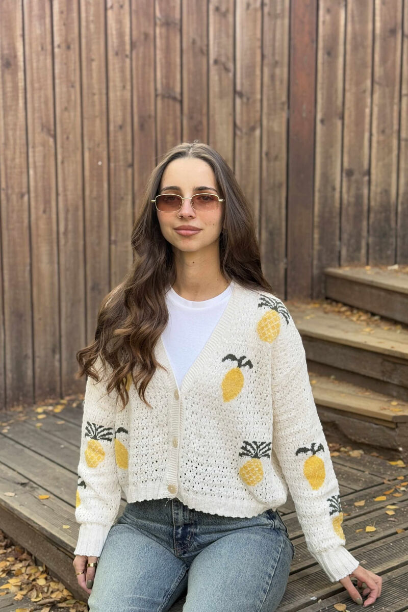 KNITTED PINEAPPLE DESIGN WOMEN CARDIGAN CREAM/KREM - 2