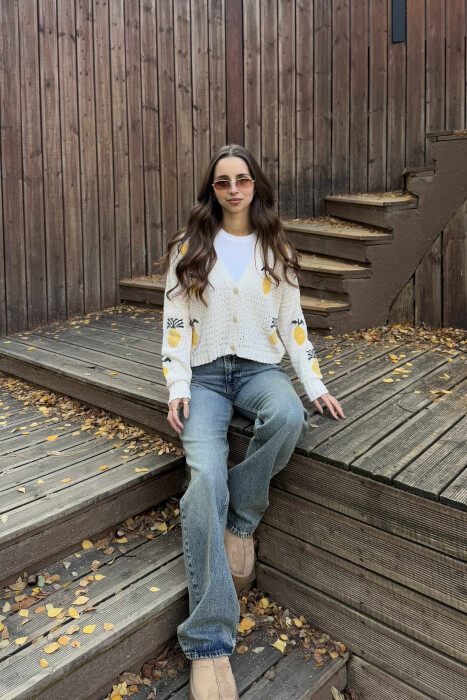 KNITTED PINEAPPLE DESIGN WOMEN CARDIGAN CREAM/KREM - 3