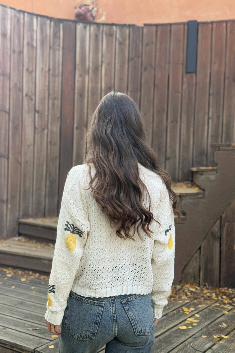 KNITTED PINEAPPLE DESIGN WOMEN CARDIGAN CREAM/KREM - 4