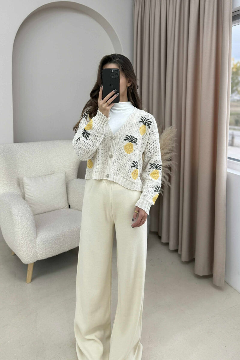KNITTED PINEAPPLE DESIGN WOMEN CARDIGAN CREAM/KREM - 11