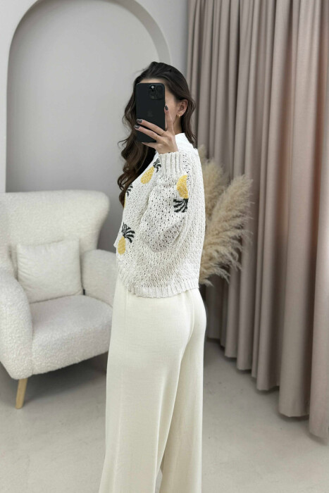 KNITTED PINEAPPLE DESIGN WOMEN CARDIGAN CREAM/KREM - 12
