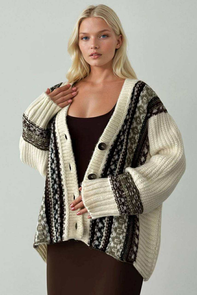 KNITTED SIMPLE BUTTONED WOMEN CARDIGAN CREAM/KREM - 2
