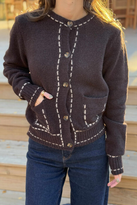 KNITTED SIMPLE WOMEN CARDIGAN DARK BROWN/KAE 