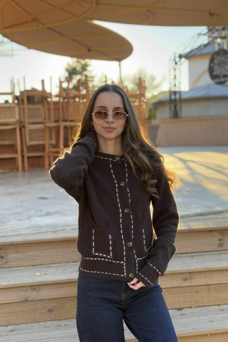KNITTED SIMPLE WOMEN CARDIGAN DARK BROWN/KAE - 2