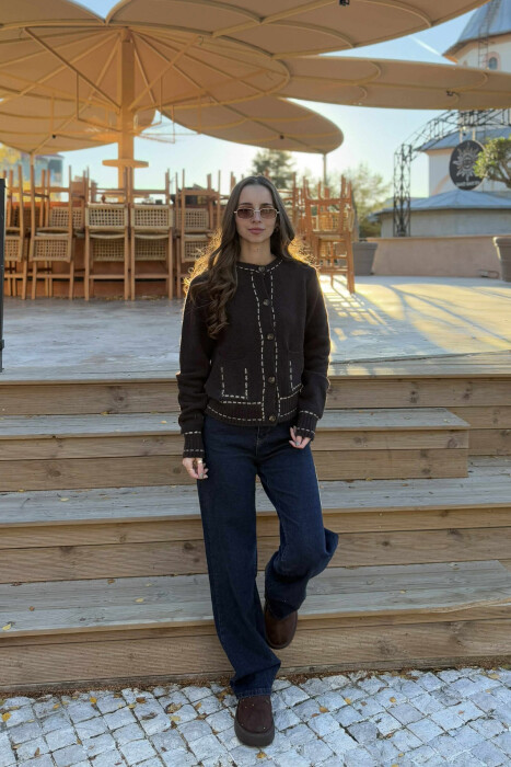 KNITTED SIMPLE WOMEN CARDIGAN DARK BROWN/KAE - 4