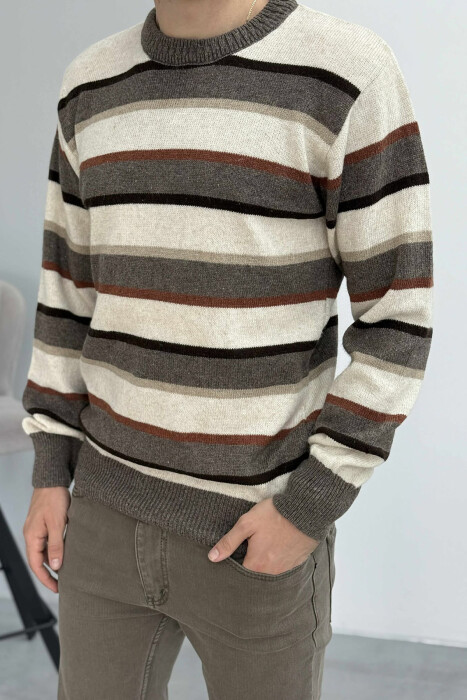 KNITTED STRIPE DESIGN MEN SWEATER BROWN/KAFE 