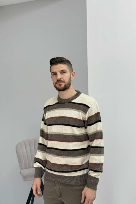 KNITTED STRIPE DESIGN MEN SWEATER BROWN/KAFE - 3