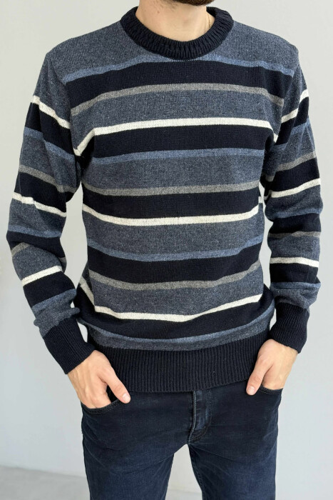 KNITTED STRIPE DESIGN MEN SWEATER DARK BLUE/BEE 