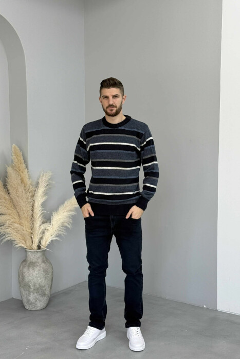 KNITTED STRIPE DESIGN MEN SWEATER DARK BLUE/BEE - 2