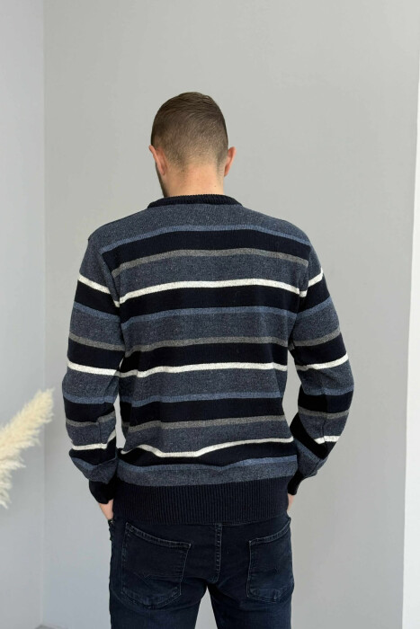 KNITTED STRIPE DESIGN MEN SWEATER DARK BLUE/BEE - 4