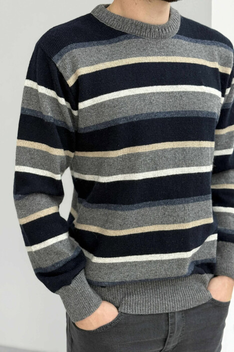 KNITTED STRIPE DESIGN MEN SWEATER GREY/GRI 