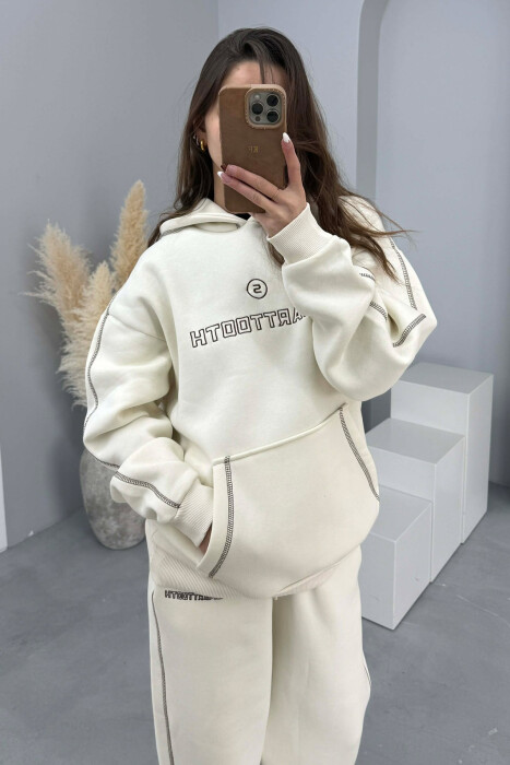 KOSTUM HOODIE ME SHKRIM NË PJESËN PARA+TUTA PËR FEMRA NË NGJYRË KREM - 5