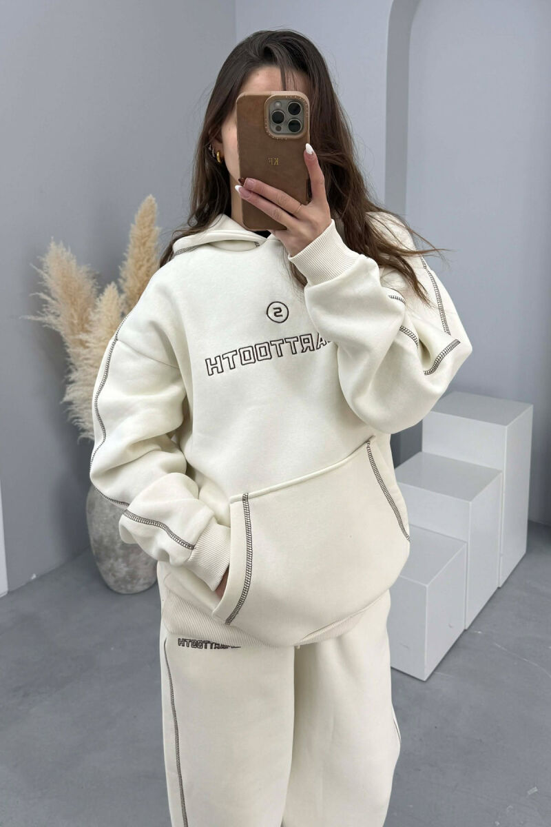 KOSTUM HOODIE ME SHKRIM NË PJESËN PARA+TUTA PËR FEMRA NË NGJYRË KREM - 5