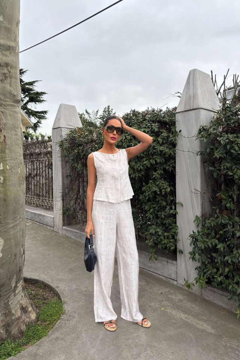  KOSTUM LINO BLUZË+PANTALLONA PËR FEMRA NË NGJYRËN BEZHË E ZBARDHUR - 2