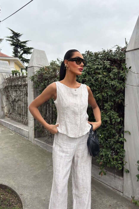  KOSTUM LINO BLUZË+PANTALLONA PËR FEMRA NË NGJYRËN BEZHË E ZBARDHUR - 5