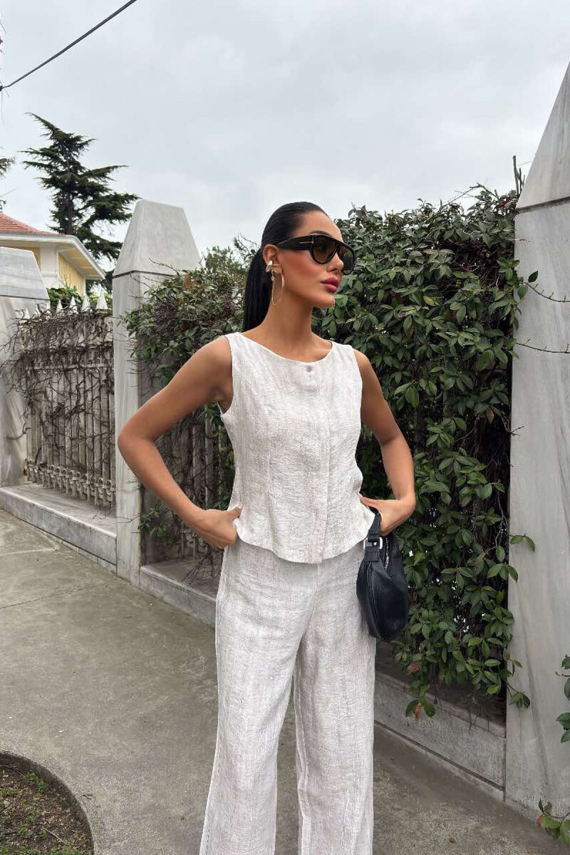  KOSTUM LINO BLUZË+PANTALLONA PËR FEMRA NË NGJYRËN BEZHË E ZBARDHUR - 5