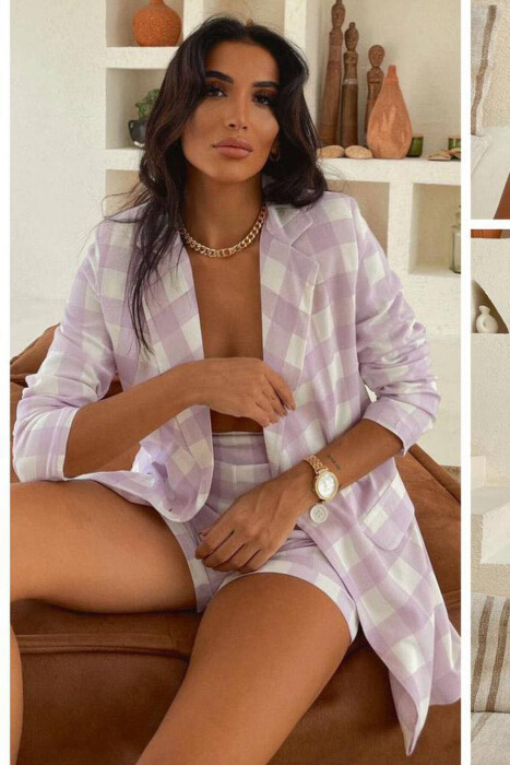 KOSTUM ME XHAKETË DHE PANTALLONA TË SHKURTRA PËR FEMRA NË NGJYRËN LEJLA - KLAUDIO FASHION