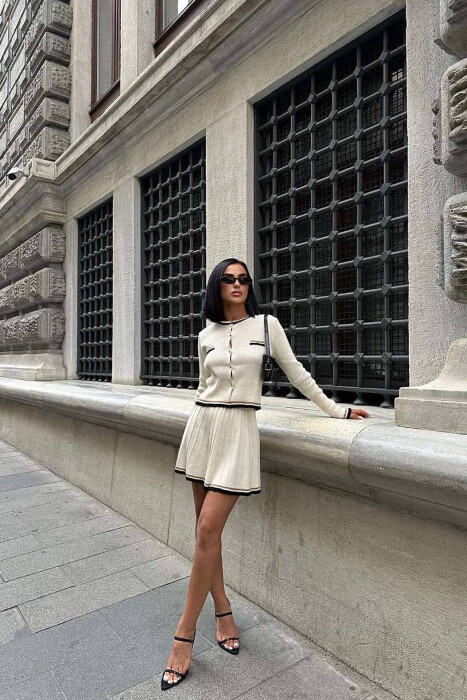 GOLD BUTTONS CARDIGAN+SKIRT WOMEN SET CREAM/KREM - 2